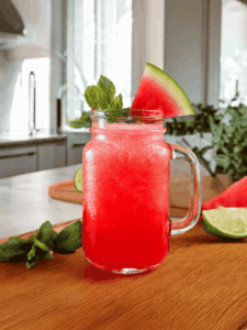 Cocktail sans alcool avec du jus de pastèque et citron vert, servi dans un verre décoré avec un peu de pastèque.