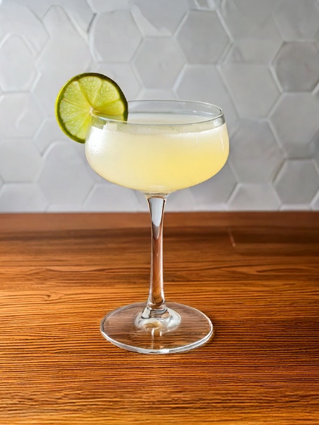 Cocktail White Lady, short drink présenté dans un verre à cocktail décoré d'une rondelle de citron vert.