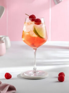 Cocktail Wine Caipi dans un verre à vin, à base de Vin blanc moelleux, de Crème de framboise L'Héritier-Guyot, d'une rondelle Gingembre et d'un quartier de citron vert.