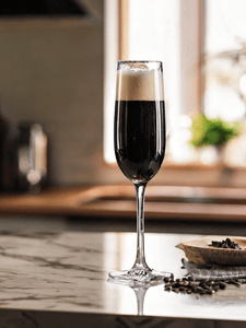 Verre à flûte contenant un cocktail Black Velvet avec une couche de stout noire et de champagne, posé sur un comptoir de cuisine moderne.