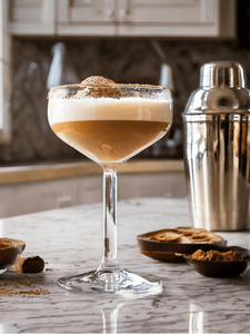 Verre à coupe contenant un cocktail Brandy Alexander crémeux, garni de cacao en poudre, posé sur un comptoir de cuisine lumineuse.