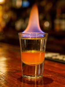 Shot de chiwawa avec une base de liqueur triple sec de couleur orange et jaune et une partie supérieure de tequila transparente, le tout avec une flamme au-dessus.