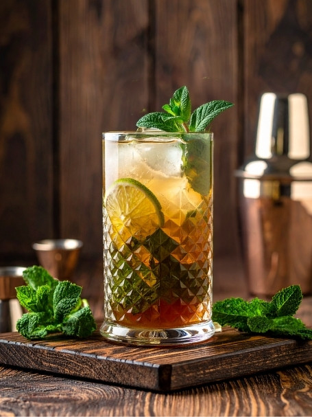 Cocktail Dark mojito, à base rhum ambré, sirop de canne et 1/2 citron, dans un verre à mojito avec de la glace et des feuilles de menthe.