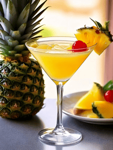 Cocktail Hawaiian Martini avec de la vodka, triple sec, du jus d'ananas et du rhum aromatisé à la coco, servi dans un verre décoré avec une tranche d'ananas et une cerise.