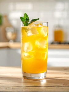 cocktail punch planteur de couleur orange intense avec branche de menthe fraiche servi dans un verre long drink dans cuisine minimaliste blanche
