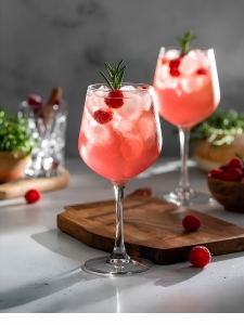 Cocktail La Raphaelle, dans un verre piscine, à bas de Saint Raphael ambré, de Gentiane Aveze, de Crème de framboise L'Héritier-Guyot et de Tonic, avec des glaçons.