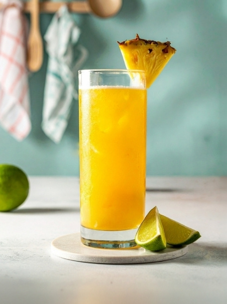 Cocktail Tropical Kamasutra dans un verre long drink, à base de Rhum VO Dillon, de Sirop de canne Canadou, de Jus d'ananas Caraïbos et d'une lamelle Gingembre, avec des glaçons et une tranche d'ananas.