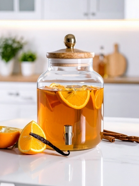 Cocktail rhum arrangé à base d'orange, sur un comptoir de cuisine.