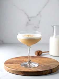 cocktail atholl brose à base de scotch whisky, de miel, d'une cuillière à soupe de flocon d'avoine et de crème, servi dans un verre à cocktail posé sur un plateau rond en bois, dans une cuisine en marbre.