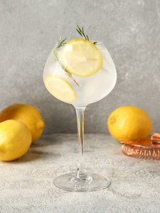 Cocktail Gin Tonic, servi dans un verre à pied, préparé avec du gin, du tonic et garni de rondelles de citron jaune et de branches de romarin.