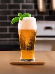 Cocktail Gin & Beer avec gin Gibson's, bière blonde Bière des Amis, jus de citron vert et sirop de canne sevri dans une cuisine avec un mur en brique en arrière plan