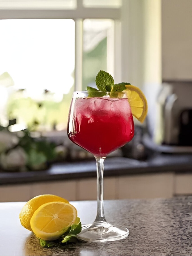 Cocktail Punch Rosé servi dans un verre piscine avec une rondelle de citron jaune et des glaçons dans un décor de cuisine