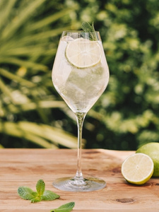 Cocktail Hugo Spritz dans un verre piscine, à base de Prosecco Perlino, de liqueur de fleur de sureau Marie Brizard et d'eau gazeuse avec des feuilles de menthe.