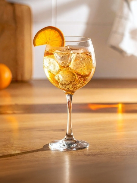 Cocktail St Raph Tonic dans un verre piscine, à base de Saint Raphael ambré, de tonic et d'un quartier d' orange, avec des glaçons.