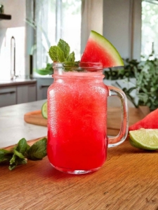 Cocktail-virgin-watermelon-mojito de couleur rouge servi dans un verre jar, décoré d'une tranche de pastèques, et entouré de fruits, sur une planche en bois.