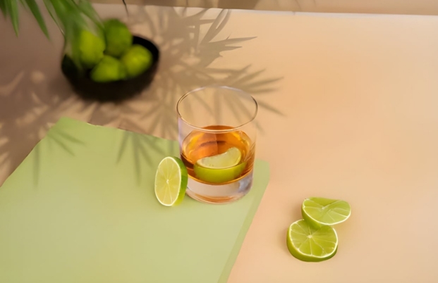 Cocktail Ti' Punch préparé avec du rhum blanc, du sirop de canne et garni d'une rondelle de citron pour une touche tropicale servi dans un verre type gobelet pour punch