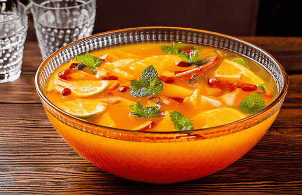 Saladier de punch préparé pour 20 personnes, avec du rhum, des jus de fruits exotiques, des morceaux de fruits frais et des glaçons, entouré de verres à cocktail.