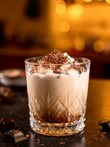 Cocktail choco crème sans alcool avec du lait, sirop de chocolat et crème fraiche servi dans un verre décoré avec des copeaux de chocolat