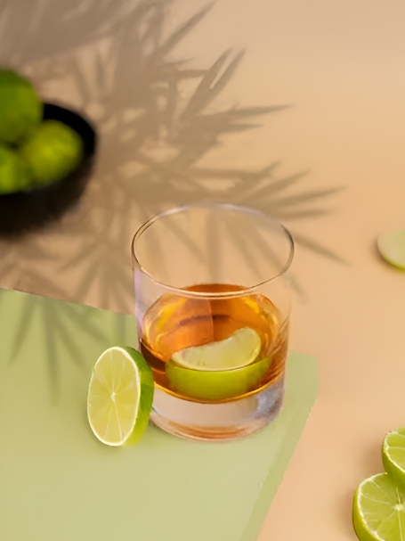 Cocktail Ti' Punch préparé avec du rhum blanc, du sirop de canne et garni d'une rondelle de citron pour une touche tropicale servi dans un verre type gobelet.