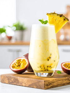 Cocktail sans alcool pina colada avec du fruit de la passion et du coco servi dans un verre décoré avec de la menthe et une tranche d'ananas
