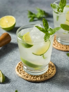 Verre avec un Cocktail Caïpirinha à la cachaça, garni de quartiers de citron vert, de feuilles de menthe et de glace pilée