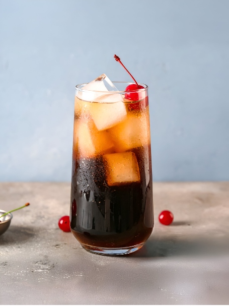 Cocktail sans alcool roy rogers servi dans un verre long drink de couleur marron avec des glaçons et une cerise confite en décoration