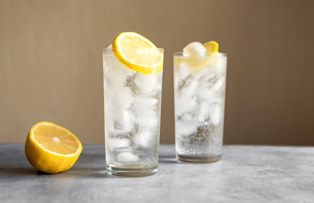 Deux cocktails long drink remplis de glaçons, à base d'eau pétillante et décorés d'une rondelle de citron jaune.