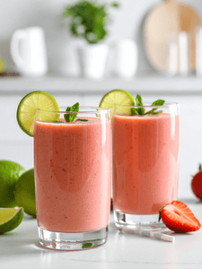 smoothie à la fraise, citron vert et rhum servi dans un verre décoré avec une rondelle de citron vert