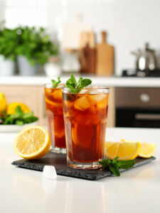 Cocktail ice tea avec thé noir et jus de pêche et jus de citron servi dans un verre avec glaçons et feuilles de menthe en décoration