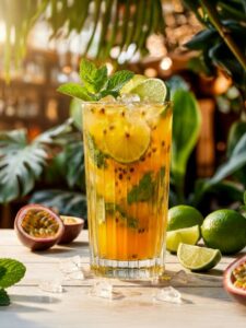 Mojito au fruit de la passion, servi dans un verre long drink avec des glaçons et décoré d'un brin de menthe.