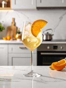 Cocktail spritz sans alcool au thé blanc servi dans un verre avec des glaçons et une rondelle d'orange