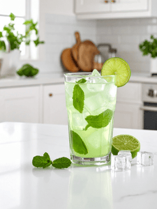 cocktail virgin mojito au thé vert sans alcool servi dans un verre avec des glaçons et des feuilles de menthe