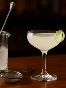 Cocktail daiquiri clarifié servi dans un verre avec un zeste de citron vert
