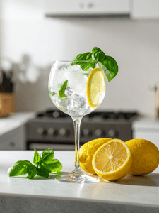 cocktail gin tonic avec du basilic, servi dans un verre avec une rondelle de citron jaune.