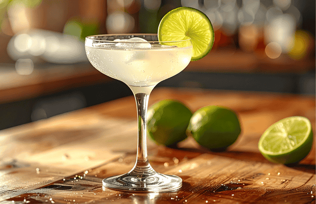 Cocktail margarita clarifiée servi dans un verre avec une rondelle de citron vert
