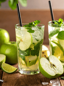 Cocktail mojito à la pomme verte, servi dans un verre avec des glaçons et des feuilles de menthe.