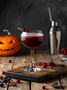 Cocktail sang de vampire à la vodka, nectar de cranberry et sirop de  grenadine servi dans un verre décoré avec des cranberries