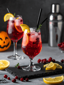 Cocktail sans alcool au jus de cranberry, sirop de grenadine et jus de citron, servi dans un verre avec des glaçons et des fruits rouges, décoré avec un quartier de citron jaune