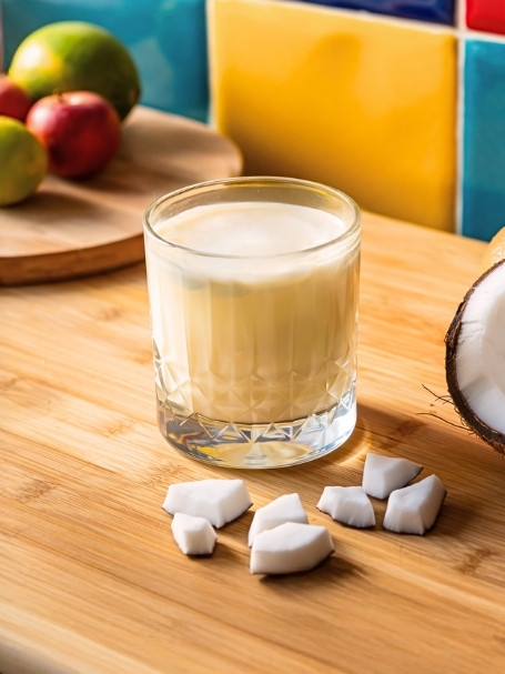 Cocktail Punch coco à base de rhum, lait concentré et lait de coco, dans un verre old fashioned.