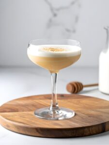 Cocktail Atholl Brose, servi dans un verre à cocktail posé sur une planche en bois ronde. Recette à base de whisky, d'avoine, de miel et de crème.