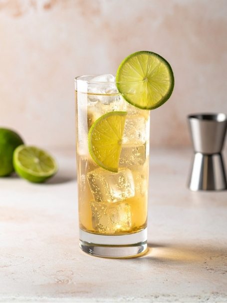 Cocktail Chuflay dans un verre long drink, à base de singani, de ginger ale et de citron vert, avec des glaçons.