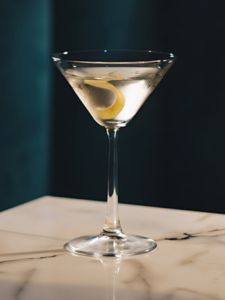 Cocktail Dry Martini avec du gin et du vermouth dry servi dans un verre à cocktail avec un zeste de citron