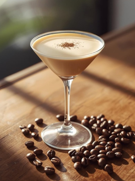 Cocktail Flat White Martini, dans un verre à cocktail. Une recette à base de baileys, café et vodka.