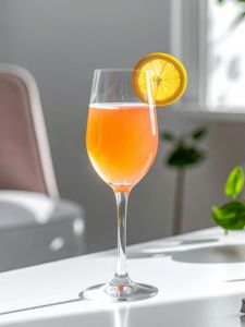 Cocktail Royal Pamp avec pétillant sans alcool et jus de pamplemousse, servi dans une flûte avec une tranche de citron jaune