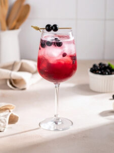 Cocktail Virgin Spritz Cassis, à base de pétillant sans alcool, de sirop de cassis et d'eau gazeuse. Dans un verre piscine avec des glaçons.