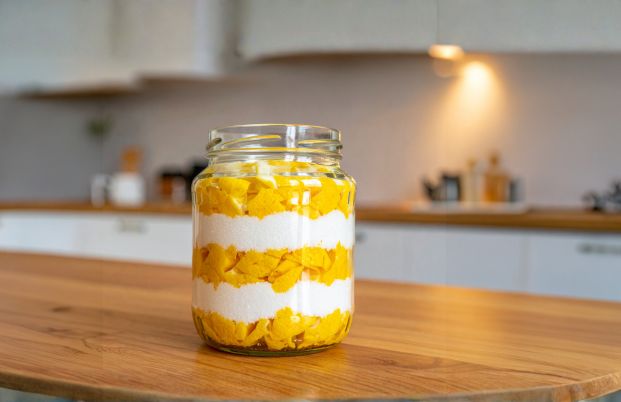 Bocal rempli de sucre blanc et de zestes de citron, pour faire un sirop koso