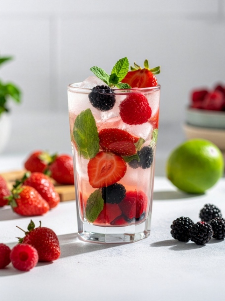 Cocktail Mojito Fruits Rouges, à base de rhum blanc, de fraises, de framboises et de mûres, servi dans un verre à Mojito.