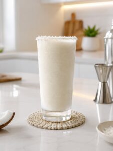 Verre long drink posé sur un comptoir de cuisine blanc, dans une cuisine lumineuse et moderne. Sur le comptoir on peut voir des morceaux de noix de coco, une coupelle avec de la noix de coc râpée, un shaker et un doseur. Le verre est rempli de Batida de coco, un cocktail brésilien à base de cachaça, de lait de coco et de lait concentré sucré, préparé au blender et servi bien frais avec un givrage sur le bord du verre en noix de coco râpée.
