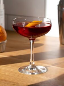Verre de type coupe posé sur un comptoir en bois dans une cuisine naturellement lumineuse, posé devant un shaker et une coupelle avec des oranges. Le verre est rempli du cocktail Cardinale à base de vermouth dry, de gin london dry et de bitter rouge, servi avec un zeste d'orange.