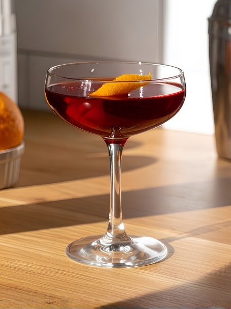 Verre de type coupe posé sur un comptoir en bois dans une cuisine naturellement lumineuse, posé devant un shaker et une coupelle avec des oranges. Le verre est rempli du cocktail Cardinale à base de vermouth dry, de gin london dry et de bitter rouge, servi avec un zeste d'orange.